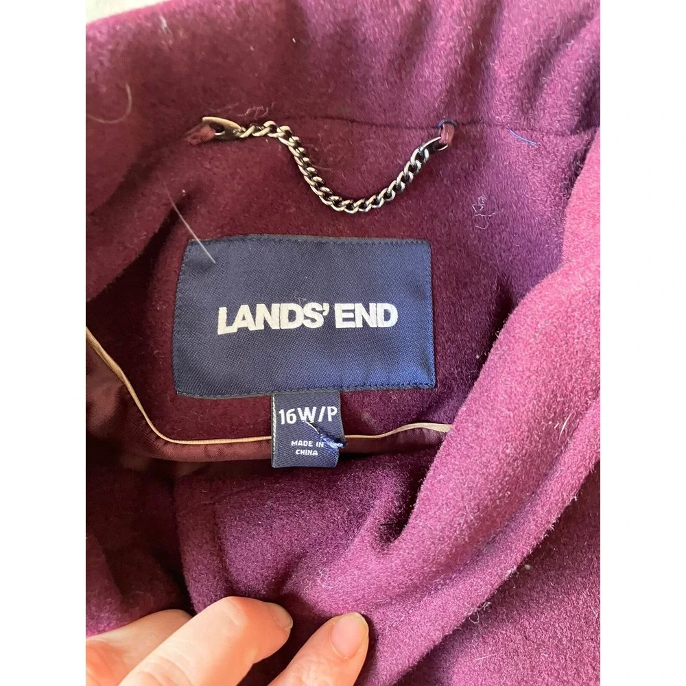 Lands End Women's Wool Blend Button Mid Length Dress Coat Maroon Size 16W petite